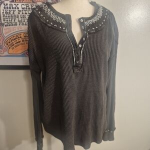 Free People Embellished Henley Knit Top in Charcoal Green  Cream Waffle Large